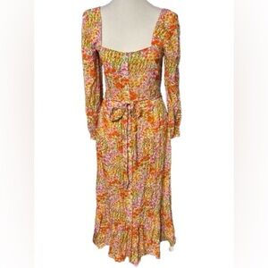 HVN Size 2 Long Sleeved Floral Dress Midi Boho Designer Extra Small Tea Yellow